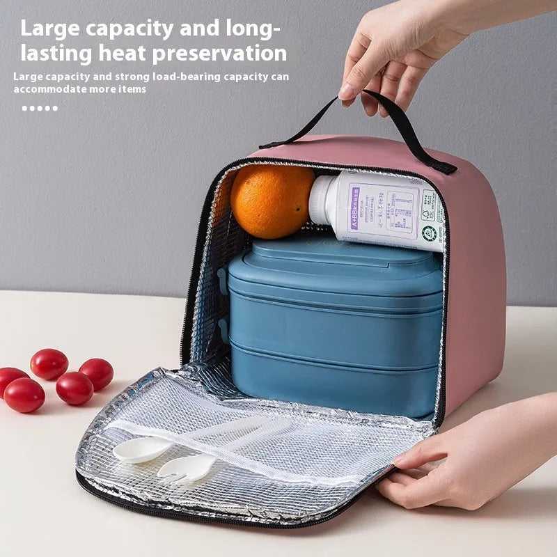 Insulated lunch box bag in textured cloth with heat preservation function and large capacity bento handbag design