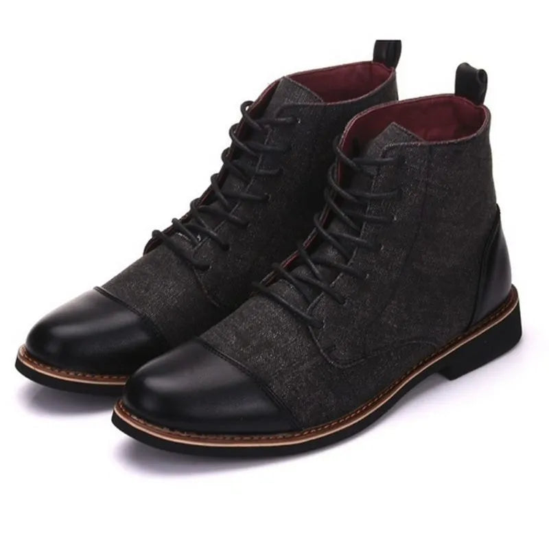 Men's black leather motorcycle boots with visible belt buckle detailing and a thick rubber sole