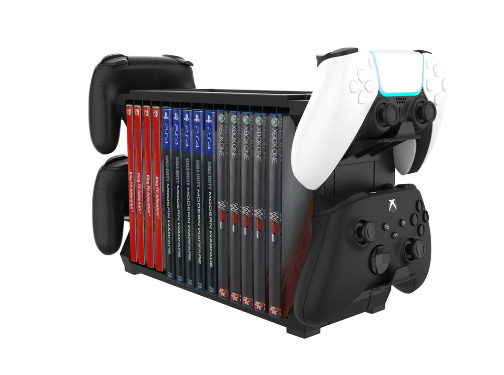 Black PS5 and Xbox Series X disc holder with four controller storage slots
