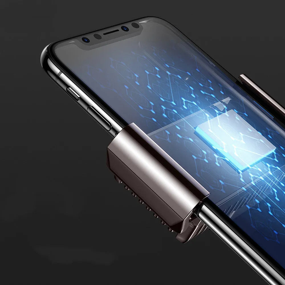 Black mobile phone radiator with clip, attached to a smartphone showing its aluminium alloy and ceramic construction.