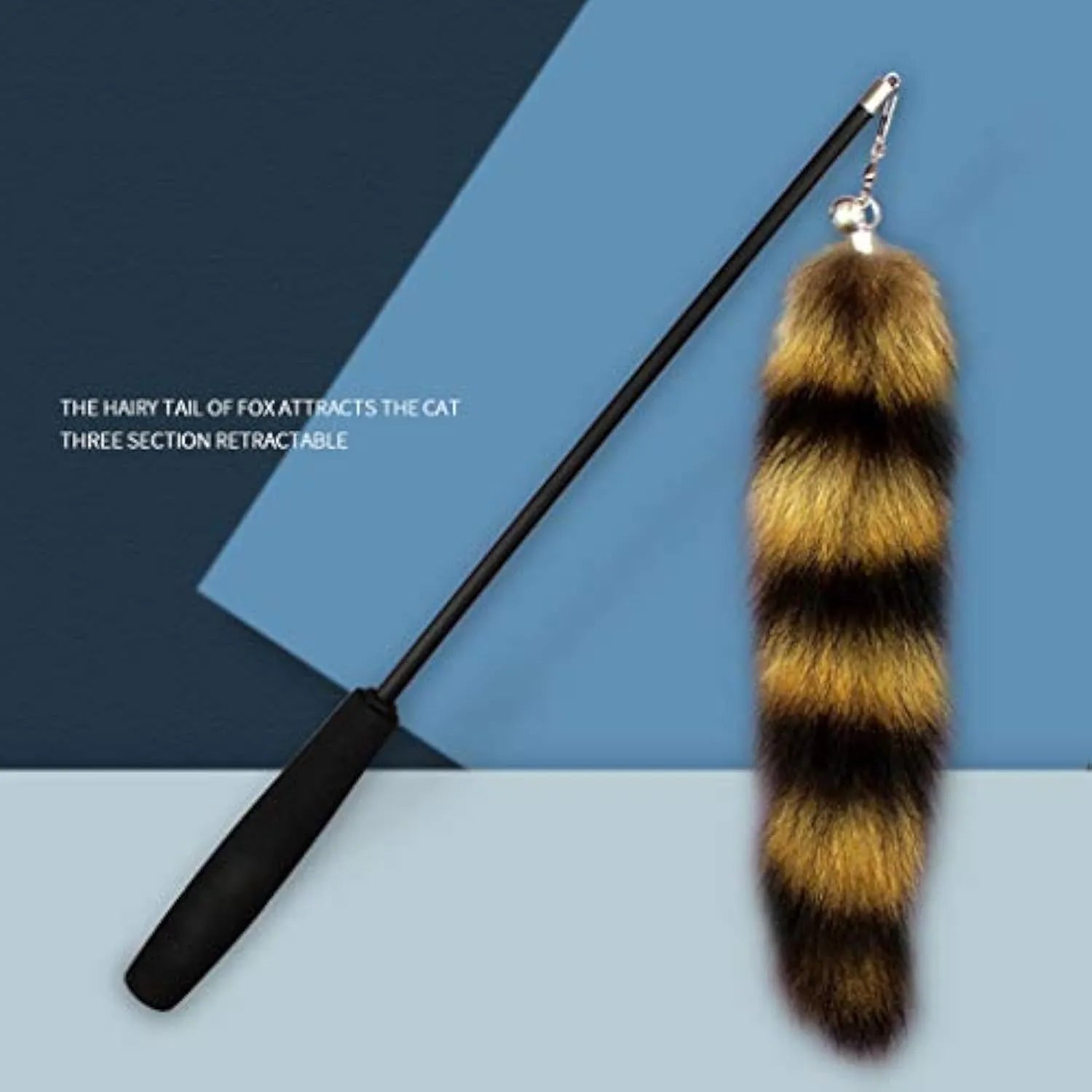 Black cat toy wand teaser with a long handle and elastic string for interactive play.