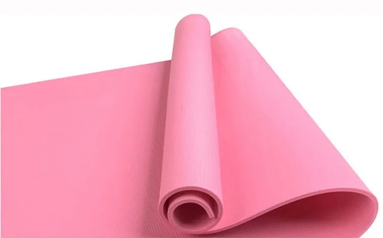 Red EVA yoga mat with textured anti-skid surface, shown rolled and unrolled.