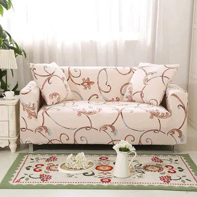 Printed stretch sofa cover with geometric pattern on three-seater sofa