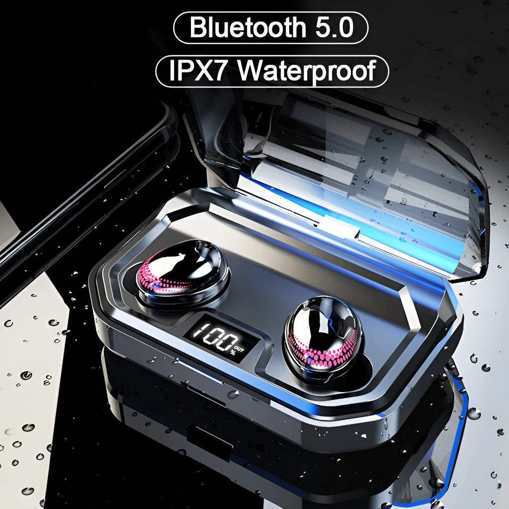 Black Bluetooth wireless headset with charging case showing compact design