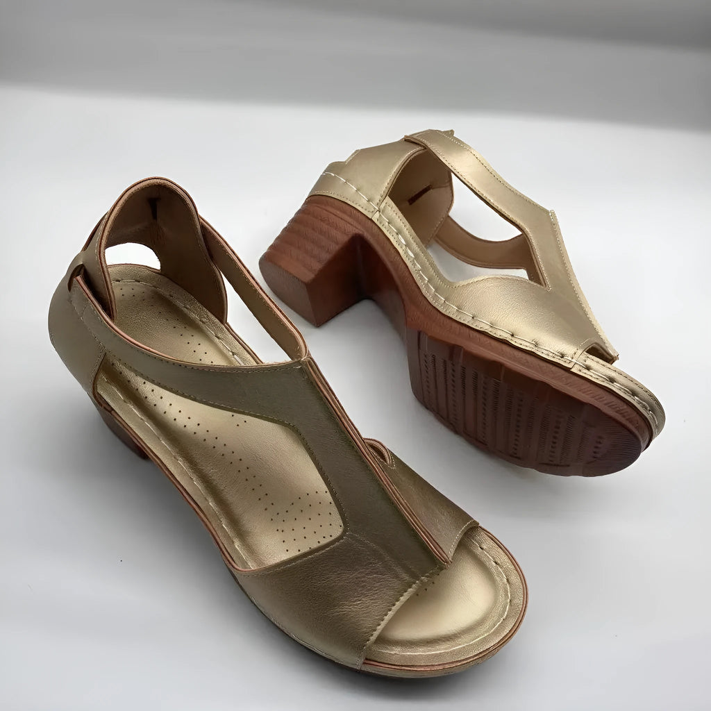 Women's open toe wedge sandals with Roman buckle strap in synthetic PU material