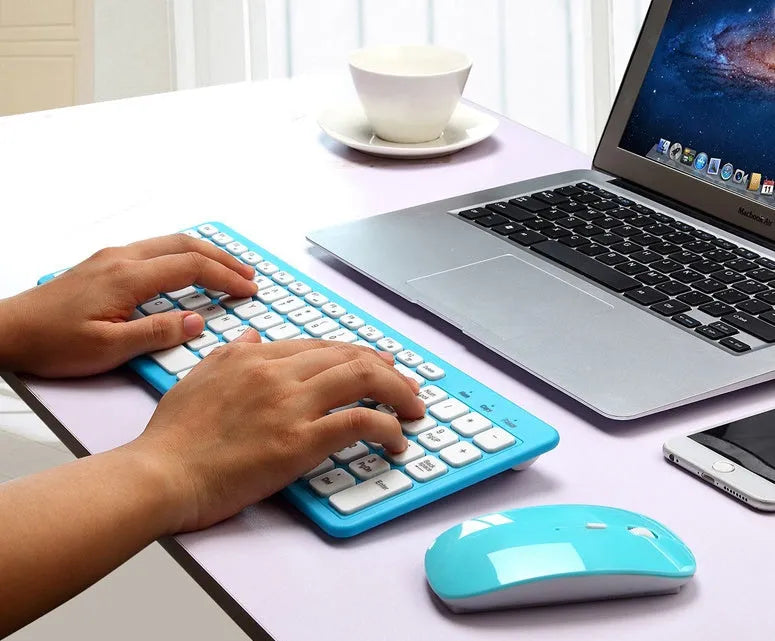 Wireless keyboard and mouse set in multiple colour options showing compact design and USB receiver