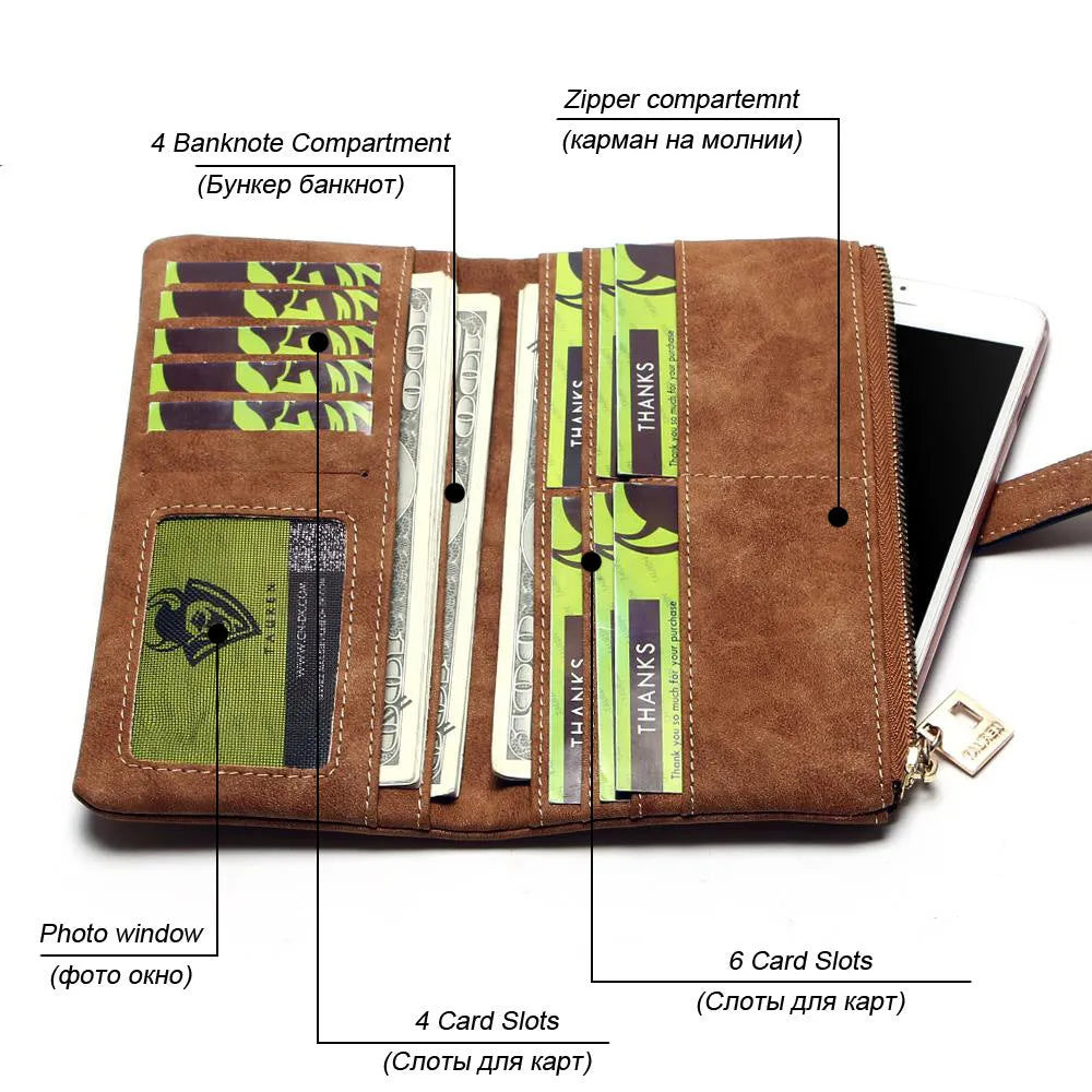 Korean retro matte leather long wallet open showing card slots and coin compartment