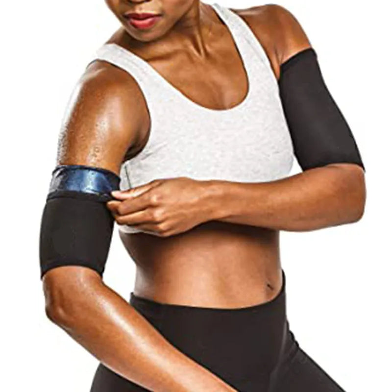 Adjustable sports arm sweatband in multiple colour options including blue, silver, black with red, and black with yellow.