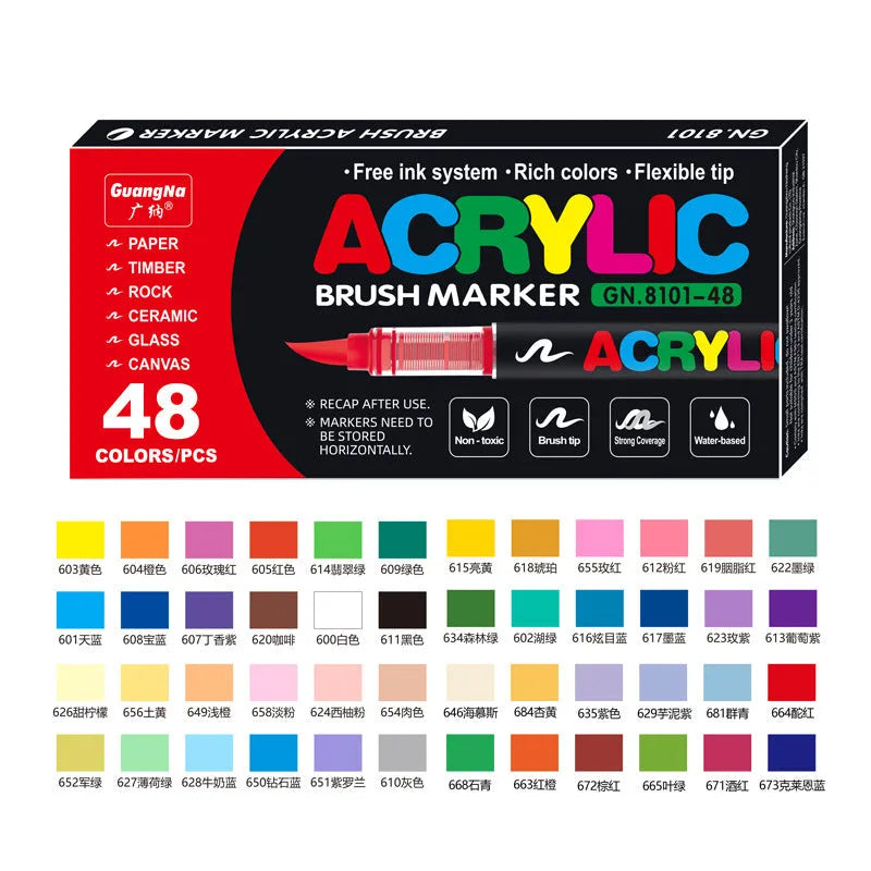 Straight acrylic marker pens with soft tips in multiple colours arranged by set size