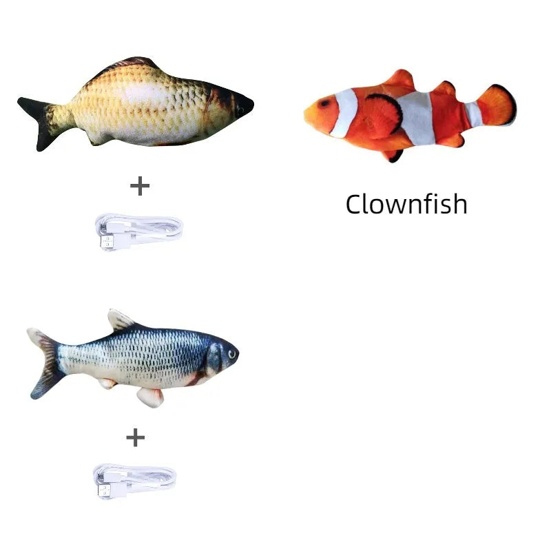 Electric jumping fish simulation cat toy showing multicolor options and USB charging cable.