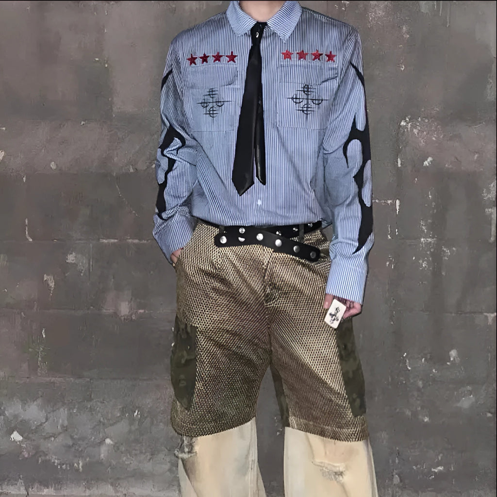 Washed blue striped long sleeve shirt with lapel collar laid flat, showing single-breasted placket.