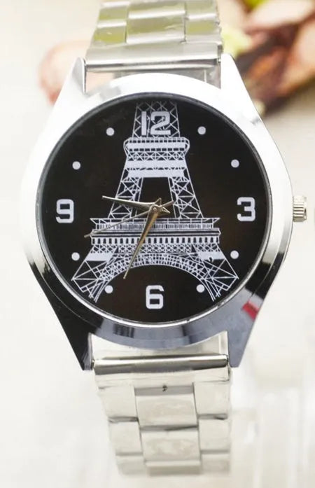 Eiffel Tower wrist watch with leather strap showing Paris landmark design on watch dial
