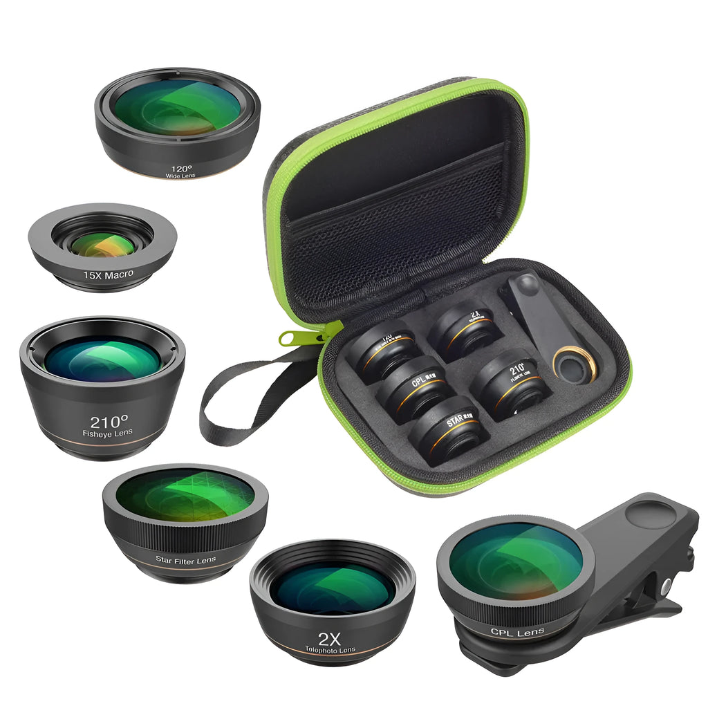Black 6-in-1 smartphone camera lens kit with fisheye, macro, wide-angle, telephoto, CPL, and star filter lenses and a universal clip.