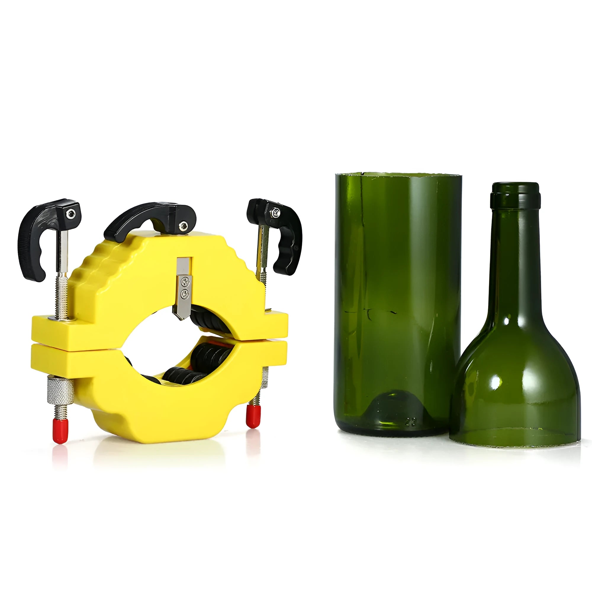 Yellow adjustable glass bottle cutter tool for DIY craft projects with measurement markings