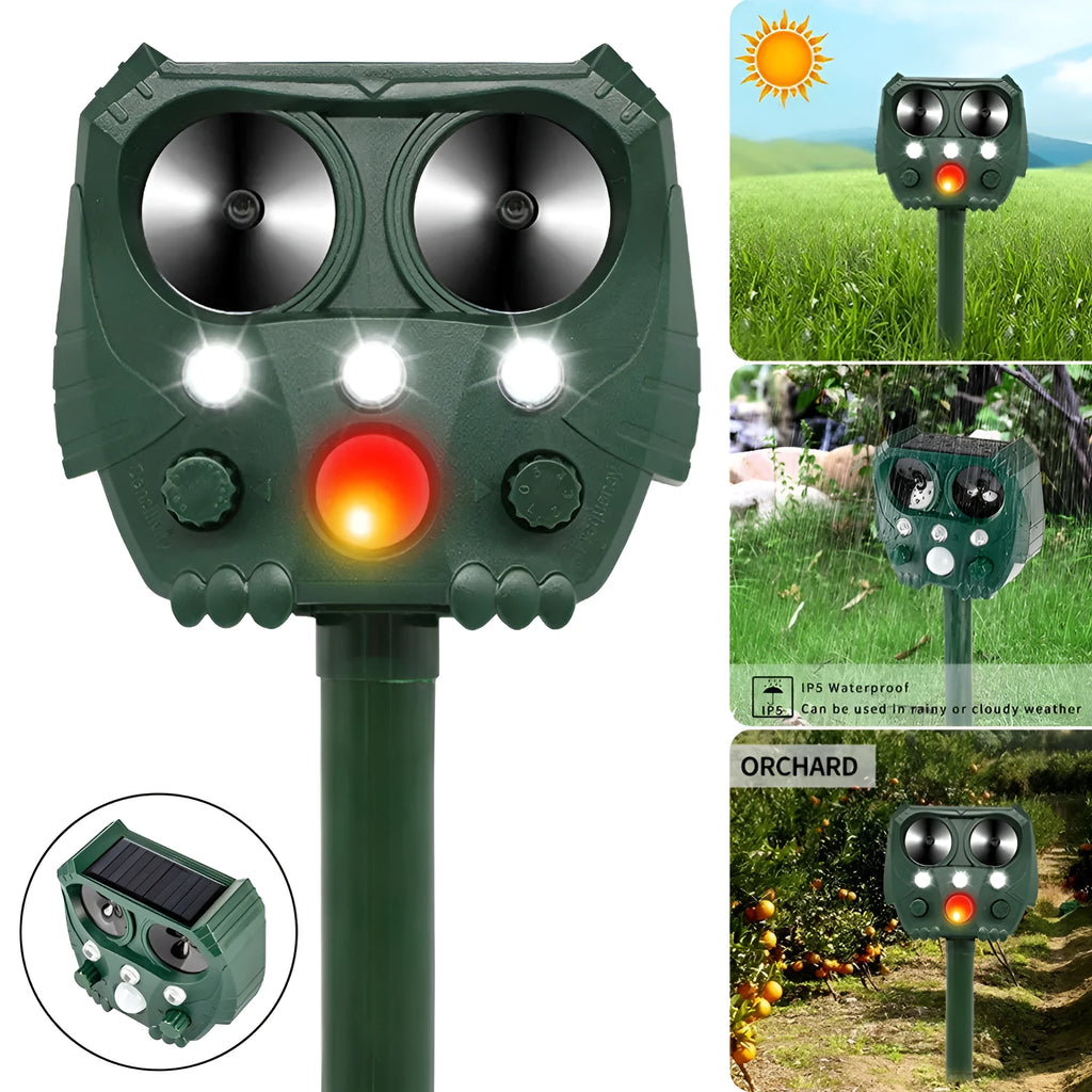 Green solar ultrasonic animal repeller device with outdoor mounting