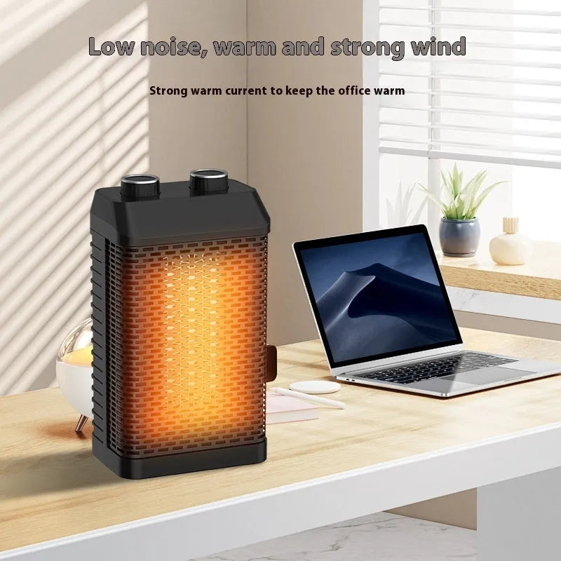 Black desktop warm air blower heater with remote control on wooden desk