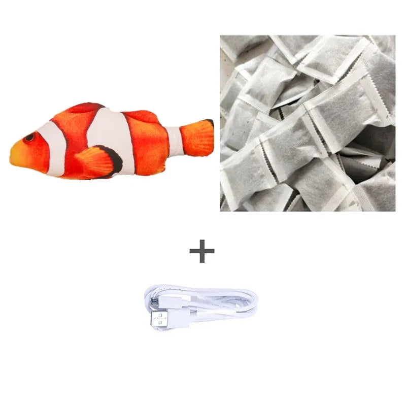 Electric jumping fish simulation cat toy showing multicolor options and USB charging cable.