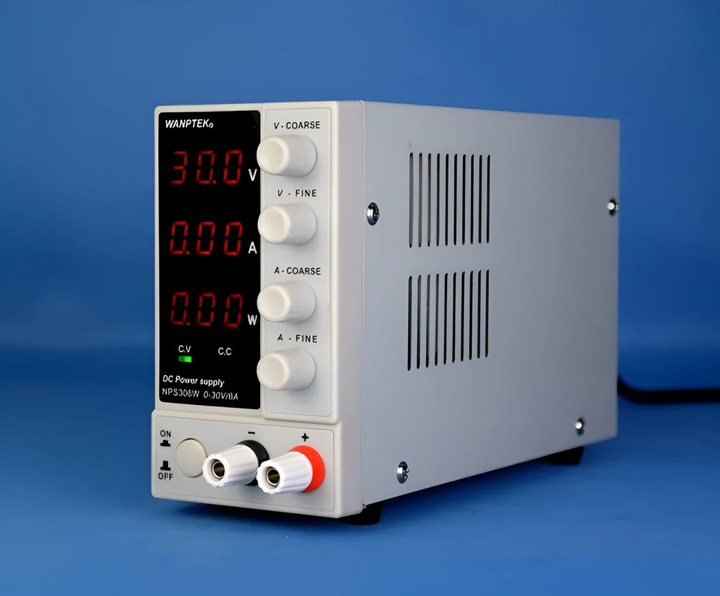 White S605W adjustable laboratory DC power supply with voltage and current control dials.