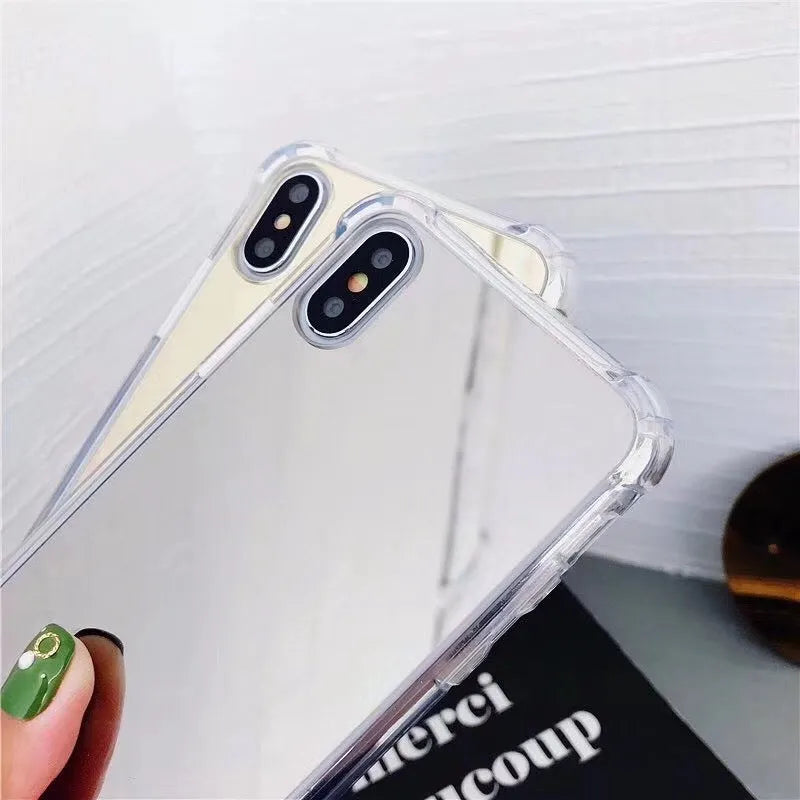 High quality TPU mirror phone case in black showing reflective back and soft edges for iPhone