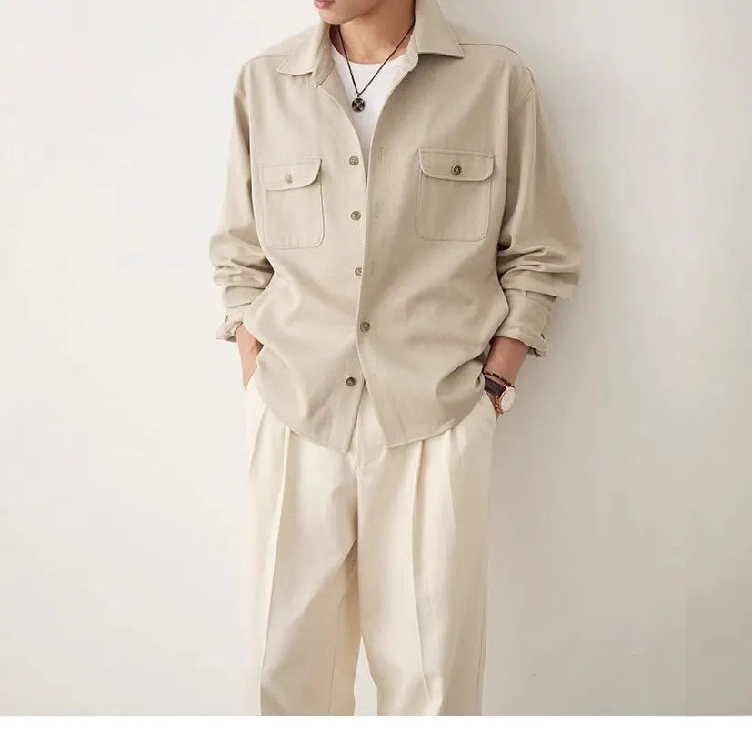 Men's cotton blend shirt with lapel collar in light sand rice and nautilidae colours, showing long sleeves