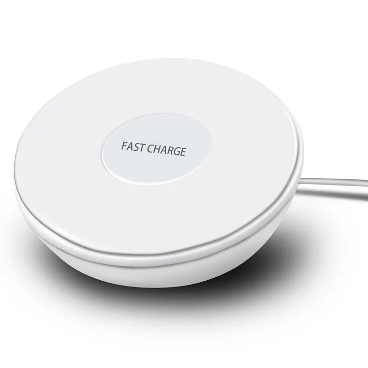 White wireless phone charger with digital clock display showing time, measuring 115mm long