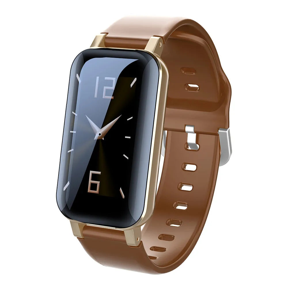 Call Bracelet smart wearable in black, blue, or coffee with heart rate monitor on wrist.