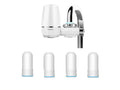 White plastic faucet-mounted water filter with ceramic cartridge and tap adapters