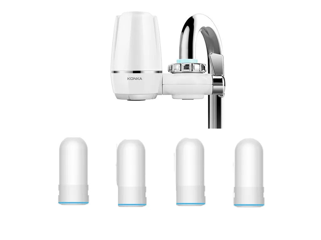 White plastic faucet-mounted water filter with ceramic cartridge and tap adapters