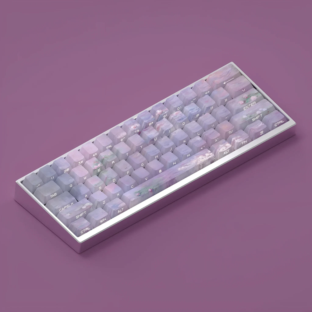 Water lily themed PBT keycap set with side-carved transparent characters for mechanical keyboards