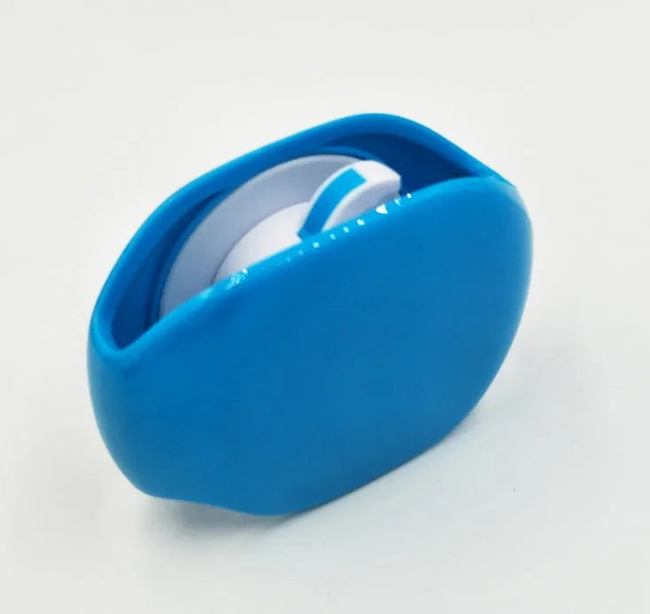 Automatic push-button earphone cable winder reel in assorted colours on a white background.