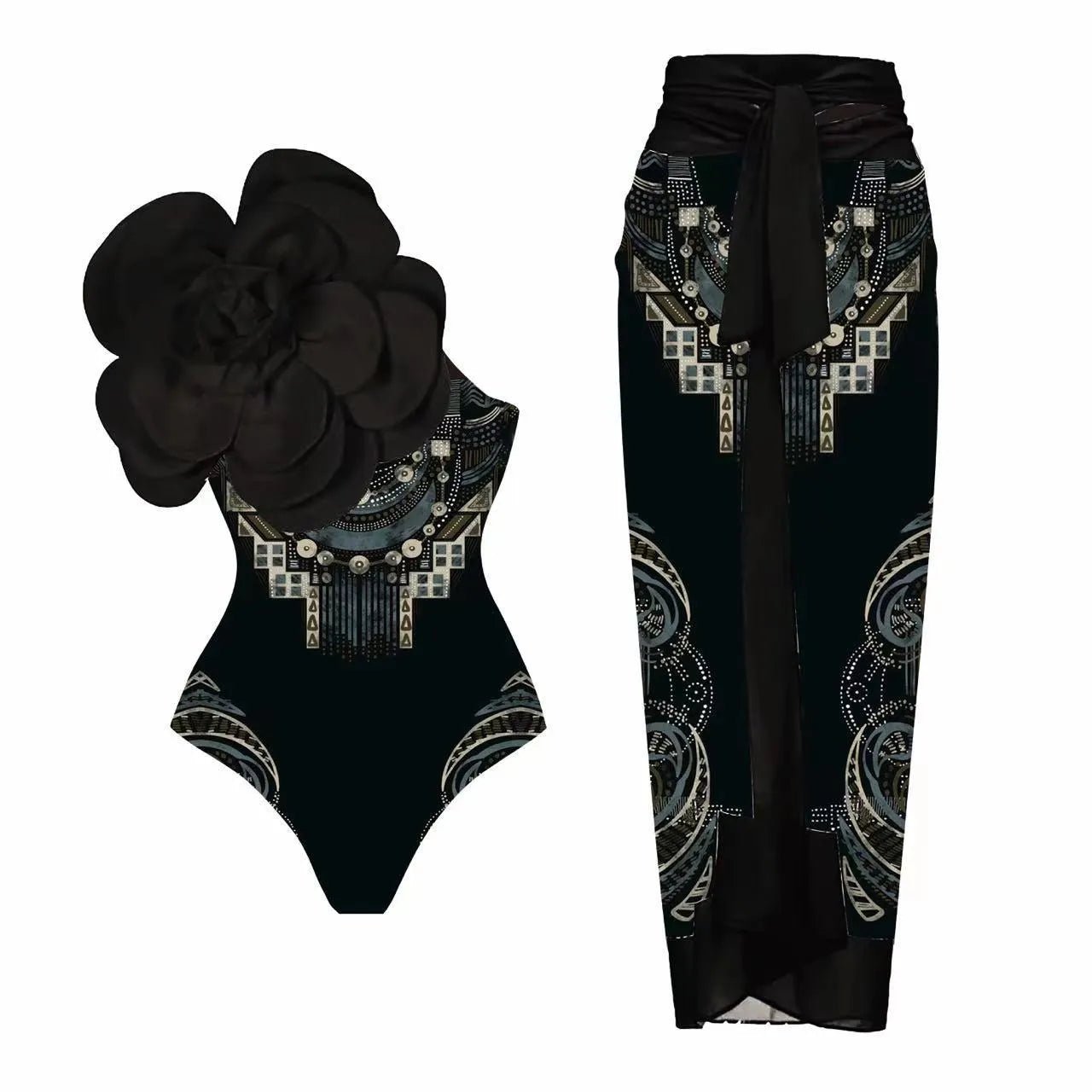 Women's floral print one-piece swimsuit with matching cover-up dress in polyester fabric