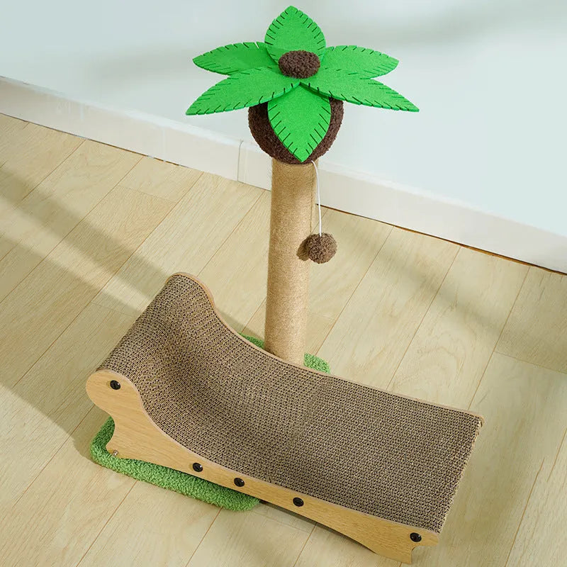 Wooden beach chair cat bed with integrated hemp mat scratch board and chamfered legs.