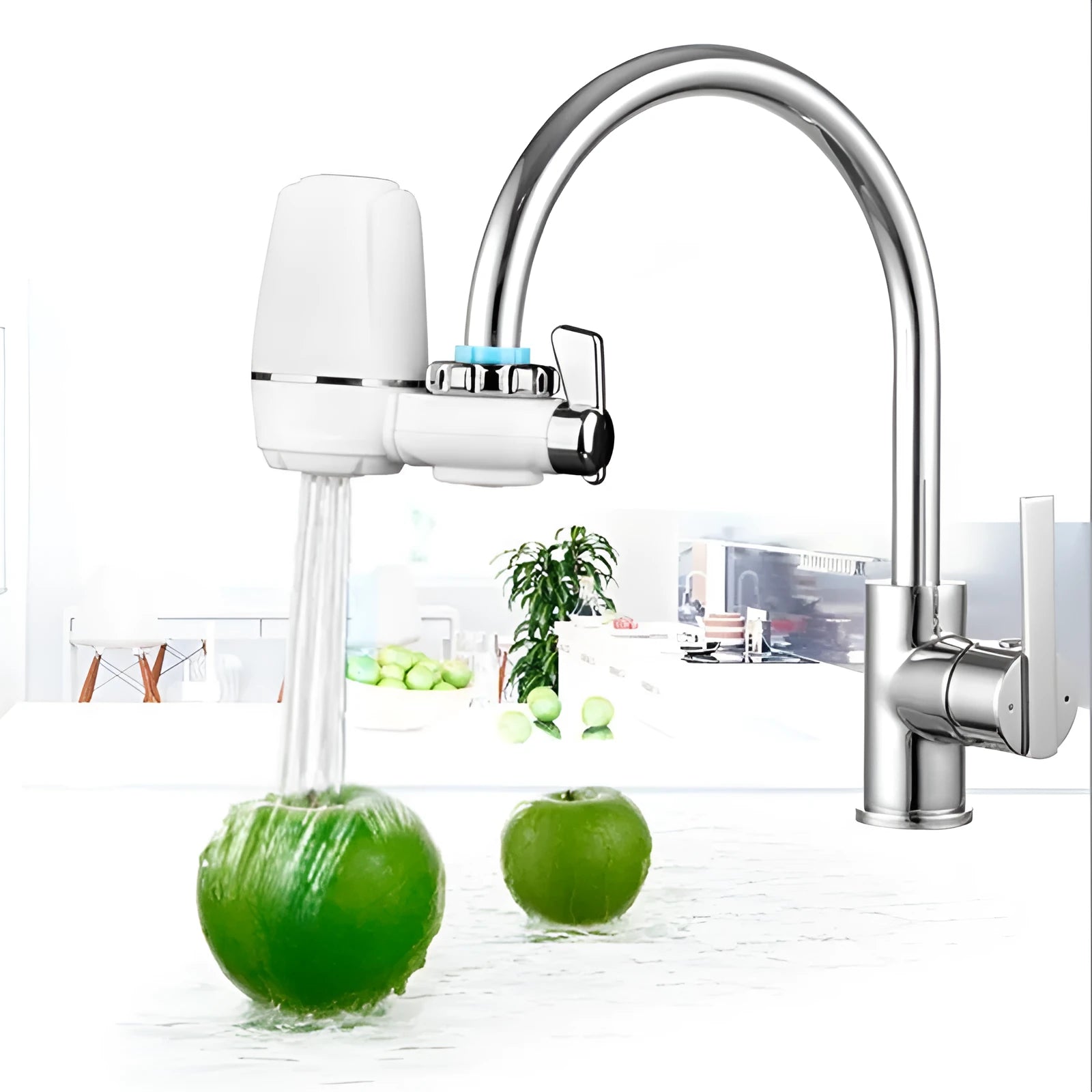 White plastic faucet-mounted water filter with ceramic cartridge and tap adapters
