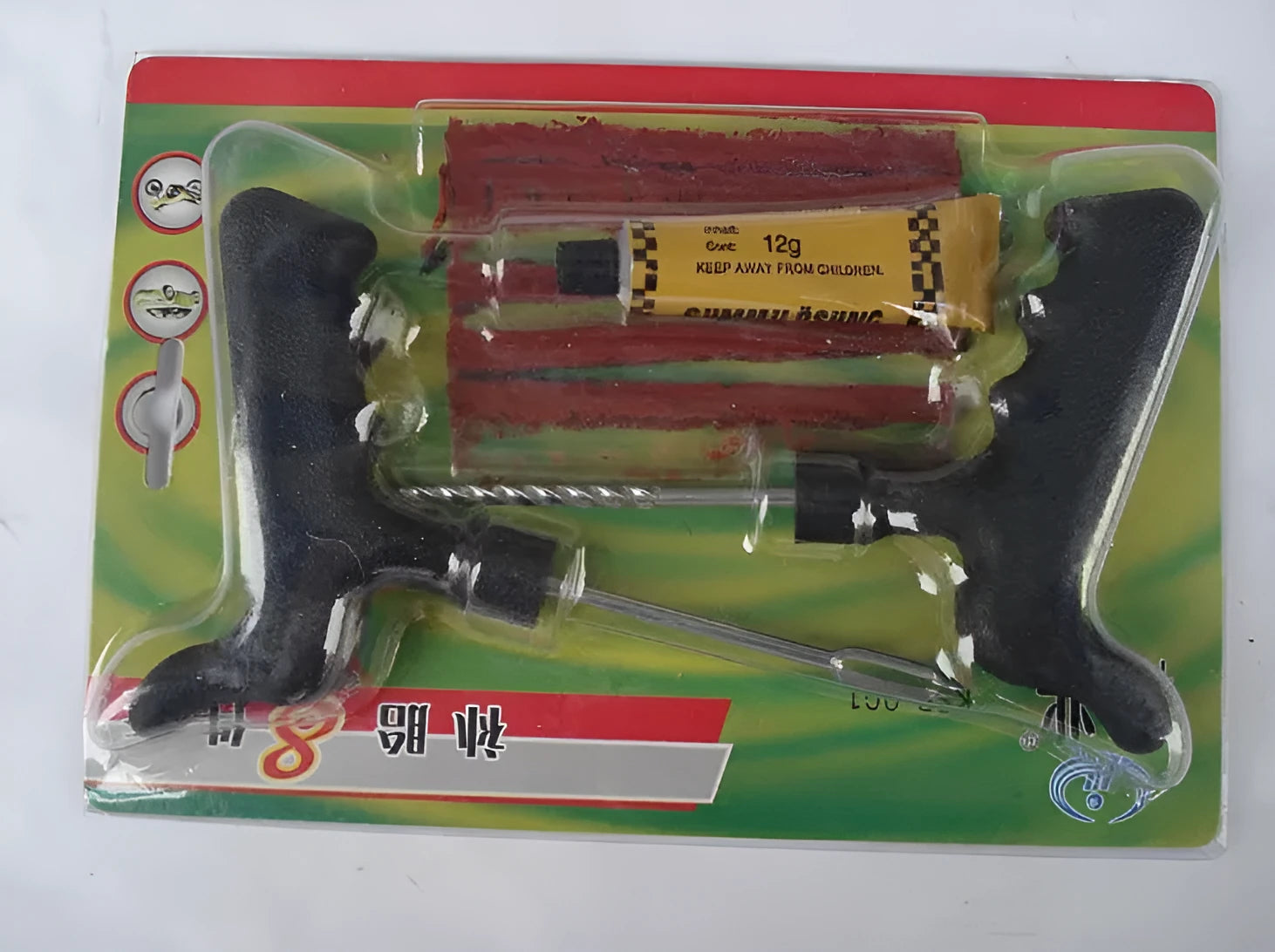 Vacuum tyre repair tool set with probe, rubber strips, and glue for car and motorcycle puncture repairs