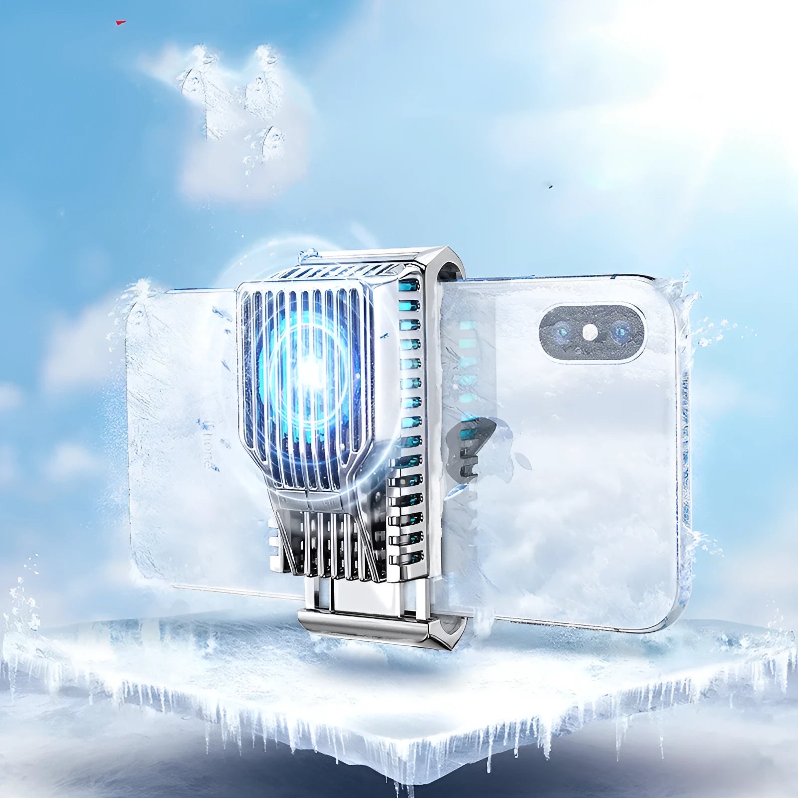 Black mobile phone radiator with clip, attached to a smartphone showing its aluminium alloy and ceramic construction.
