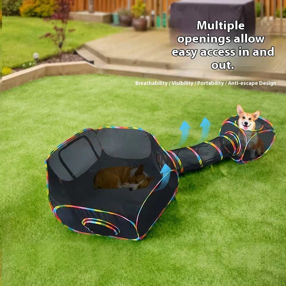 Foldable mesh cat roll cage playpen showing hexagonal design for indoor pet containment
