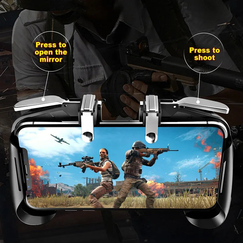 Adjustable mobile game handle for smartphones in black colour with ergonomic grip and control buttons