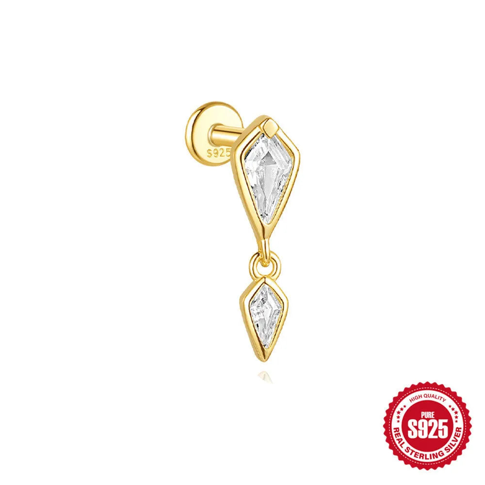 S925 sterling silver geometric kite-shaped earring with rhinestone chain tassel in a gold colour finish.