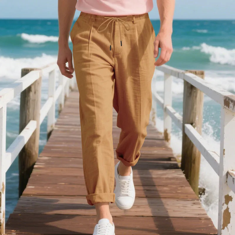 Men's straight leg linen trousers with drawstring waist in light khaki colour