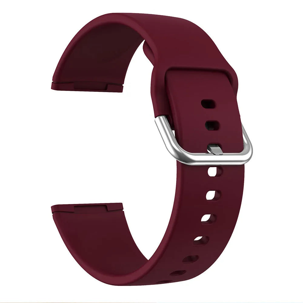 Silicone watch strap with silver buckle for Fitbit Versa 3 and Sense 2 in multiple colour options.