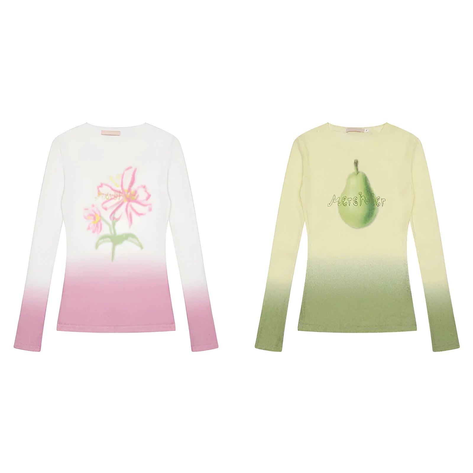 Yellow green and light pink gradient flower print on a women's long sleeve polyester t-shirt.