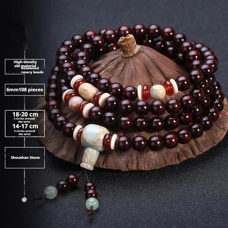 Men's rosewood 108 bead mala bracelet with a turquoise gemstone decorative centrepiece.