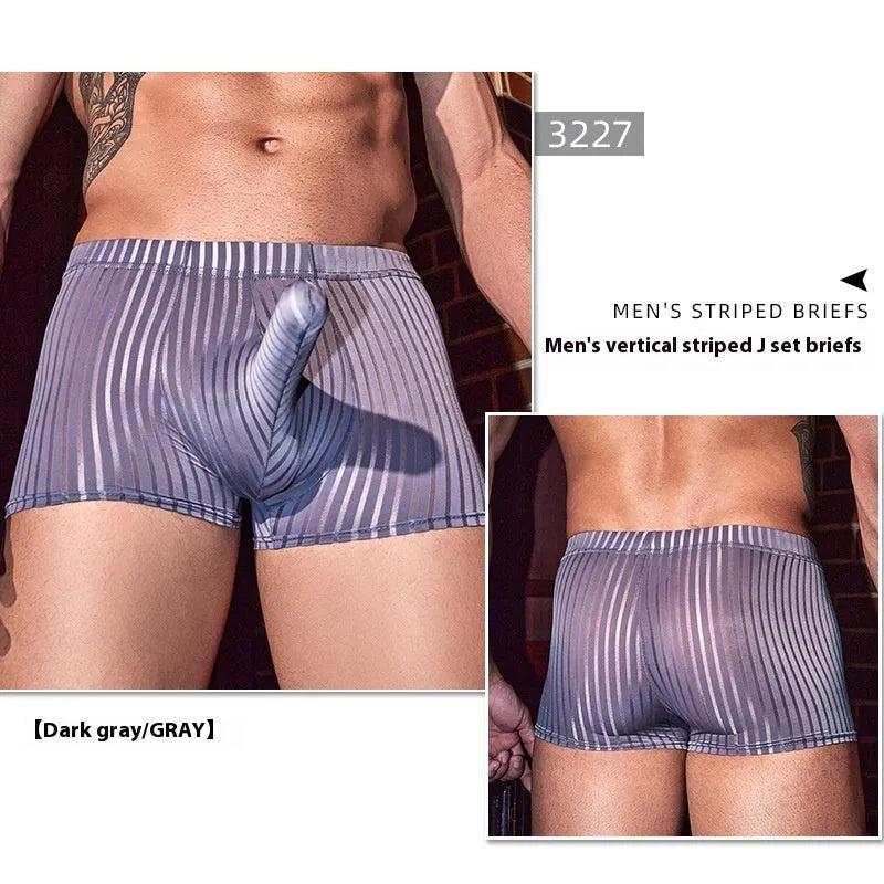 Men's black striped boxer briefs made from high-elastic nylon fabric.