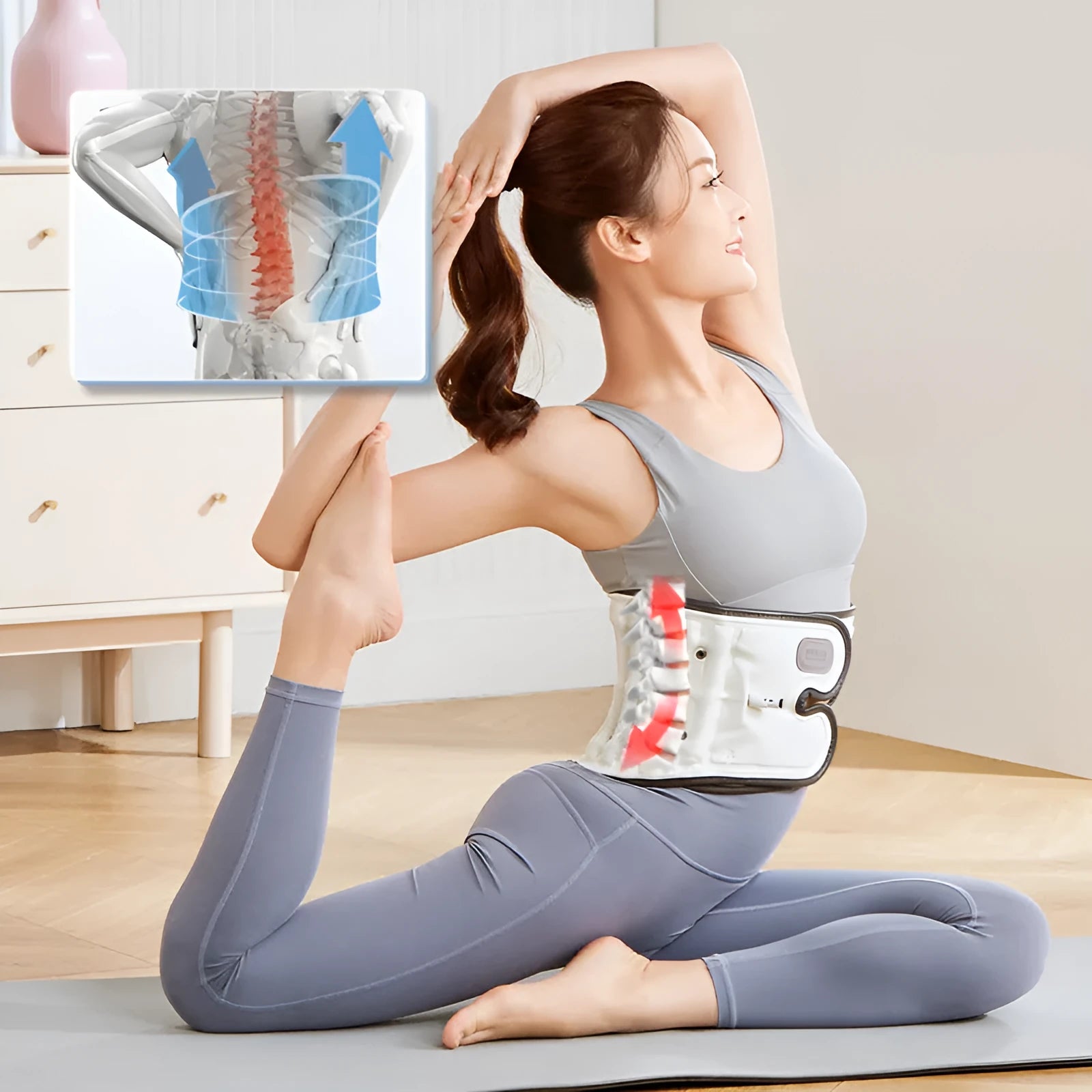 Automatic inflation lumbar waist supporter in PU material, showing S and M sizes.