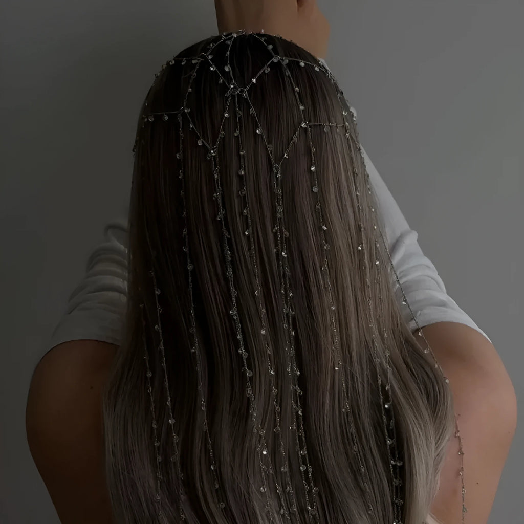 Gold or silver mesh tassel rhinestone headband hair accessory with electroplated finish
