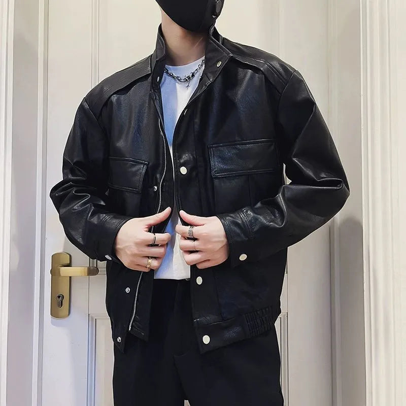 Korean style men's PU leather jacket in black or green with straight hem design and side pockets