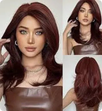 Mid-length platinum gradient colour wig with curly hair and fringe on model