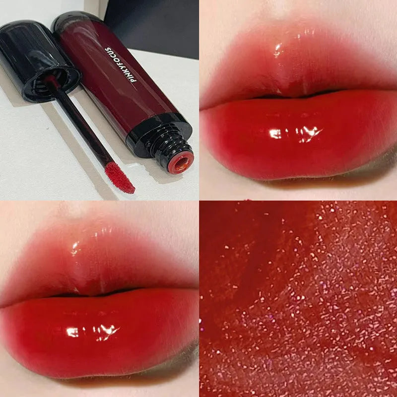 Black shiny mirror lip lacquer cosmetic product showing six colour options including deep reds and browns