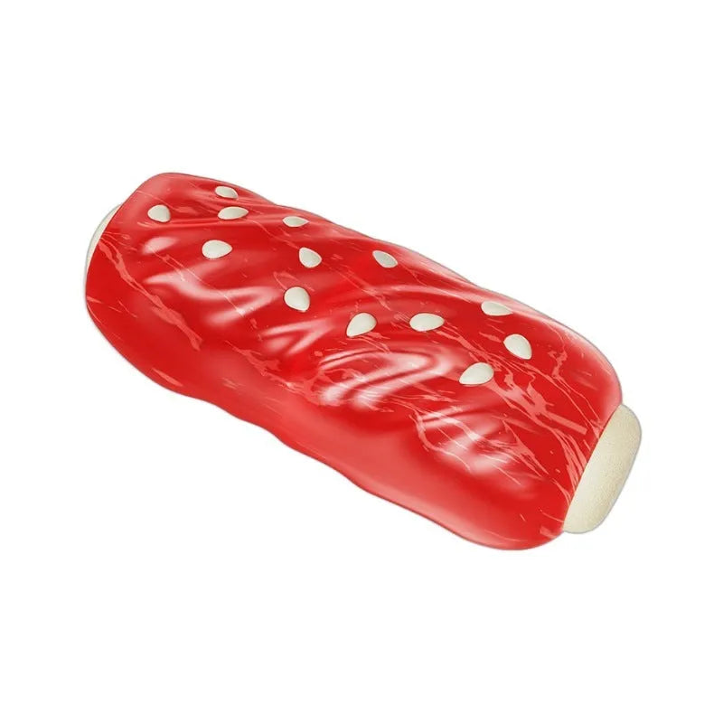 Primary colour plastic dog chew toy with textured molar rod surface and snack compartment