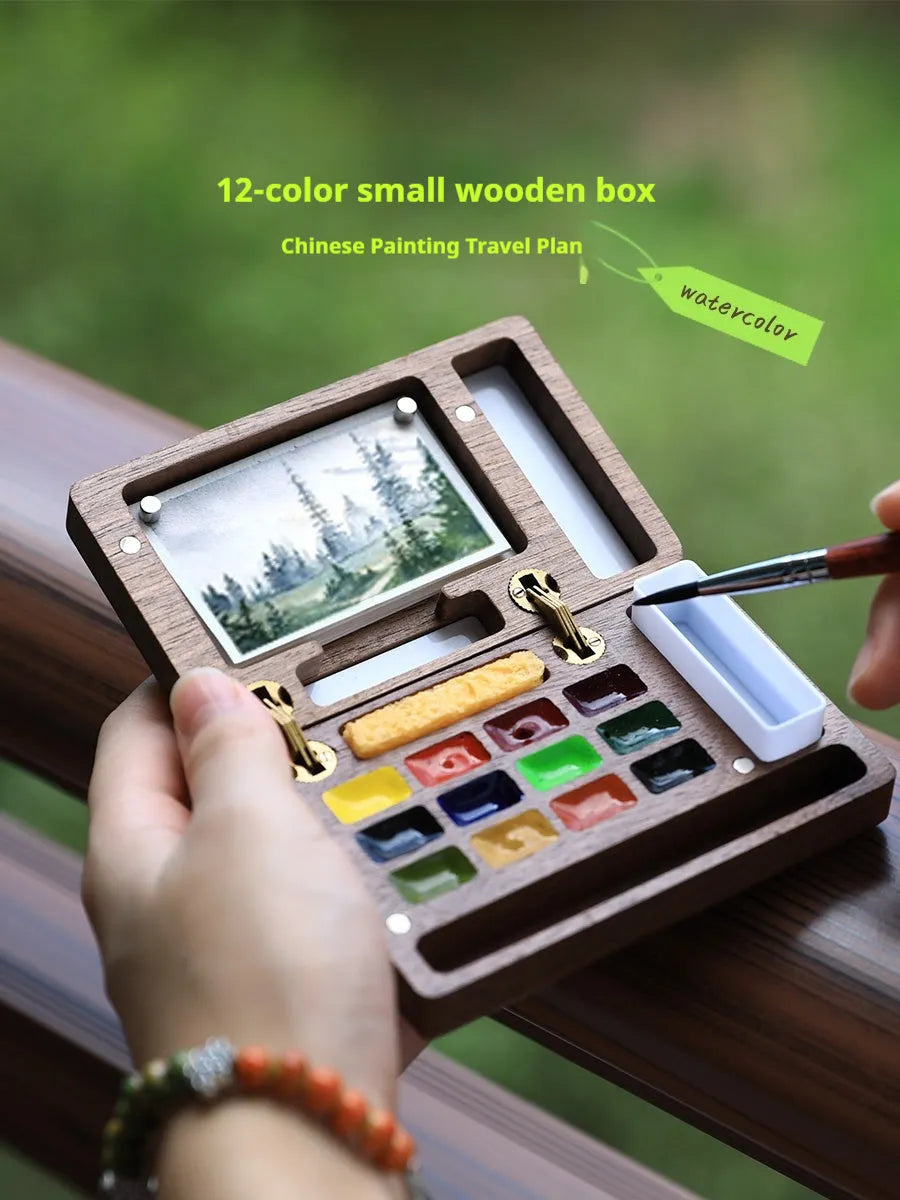 Mini walnut wooden watercolour paint box with included professional paint set for portable art supplies